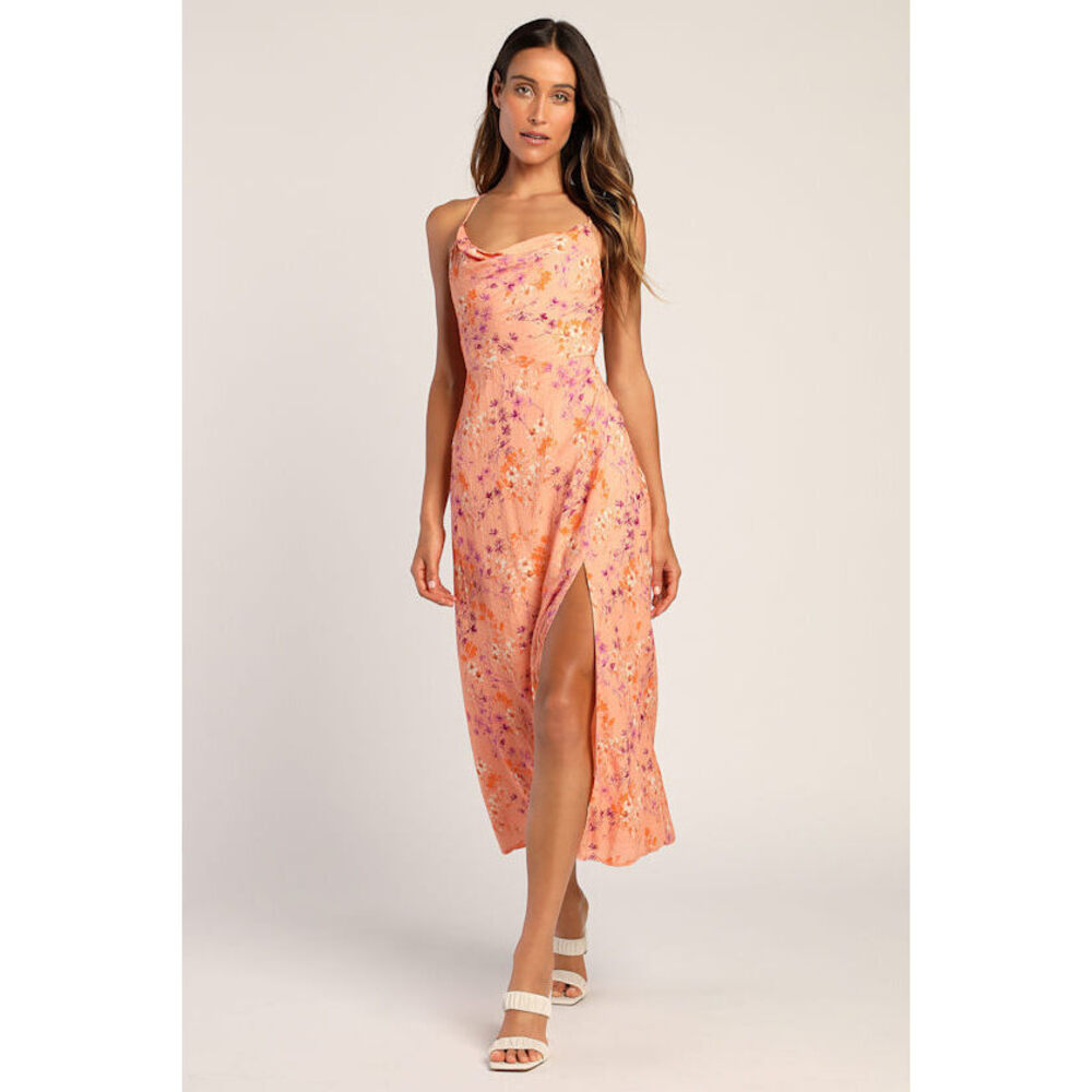 Lulus Loving The Look Coral Floral Print Backless Cowl Maxi Dress Orange